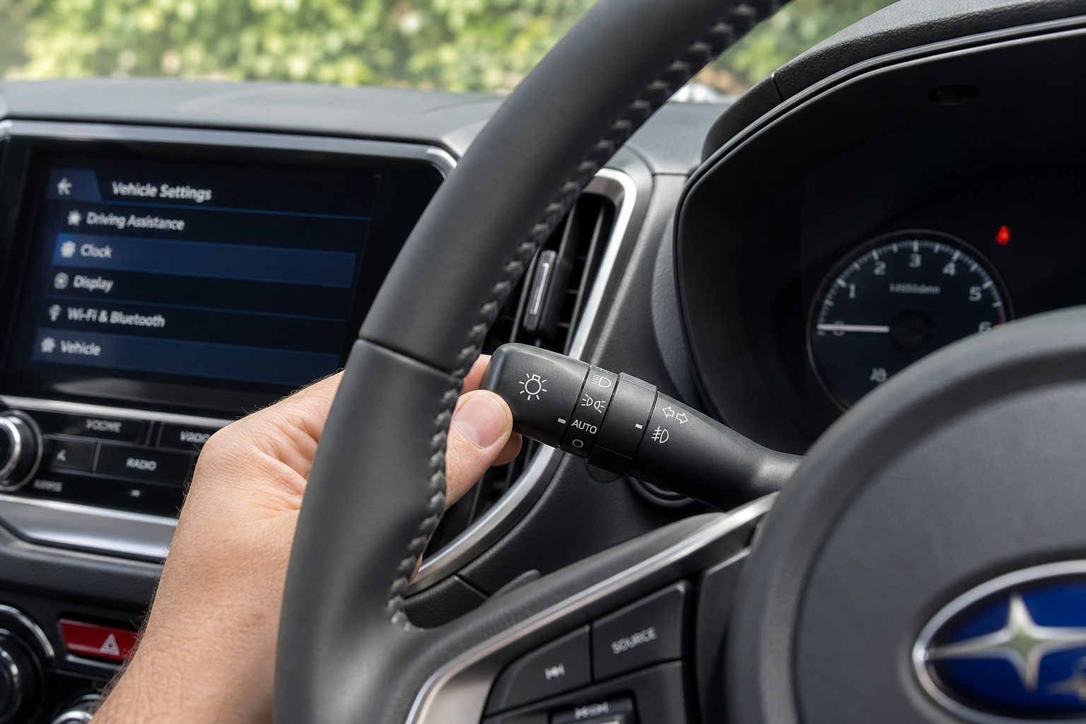 Hand adjusting the headlight control stalk to turn off automatic high beams in a Subaru Forester