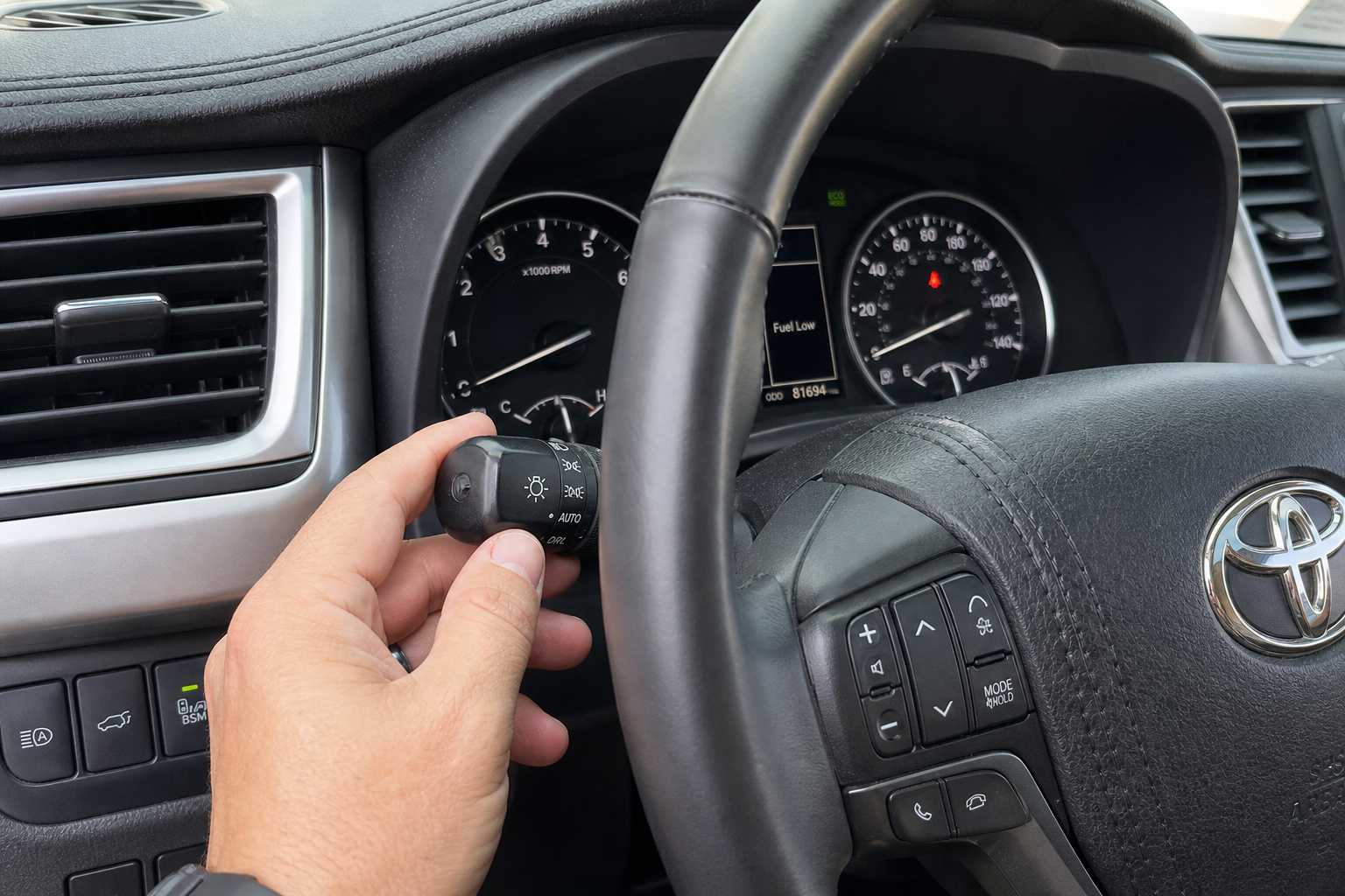Close-up of Toyota Highlander headlight control stalk used to turn off automatic high beams