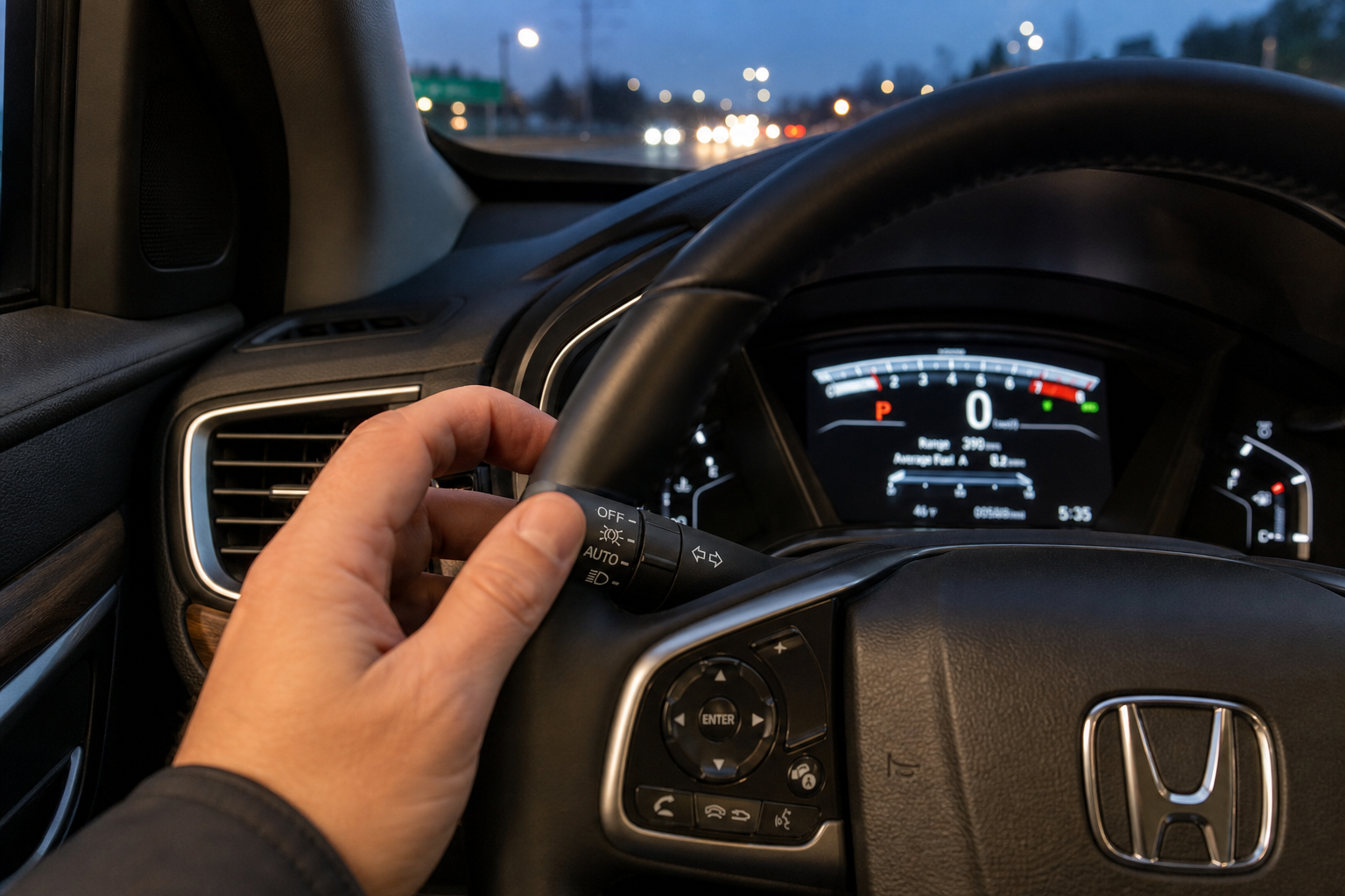 Driver adjusting the headlight control stalk in a Honda CR-V to turn off automatic high beams