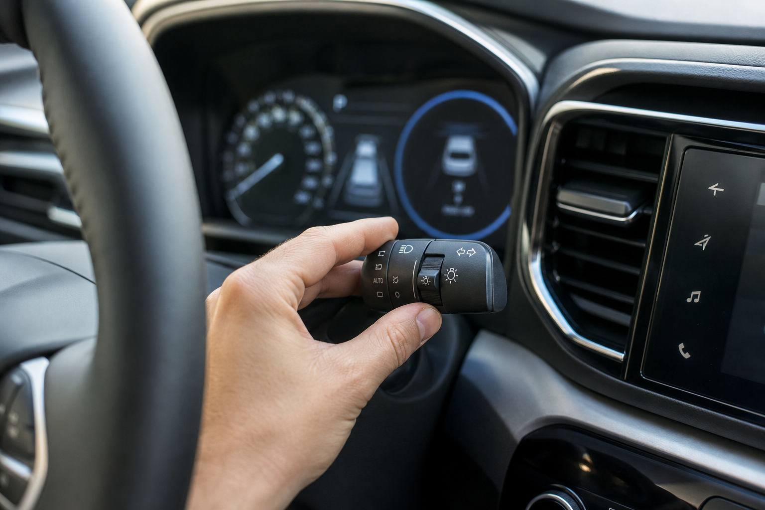 Driver adjusting the headlight control stalk to turn off high beam assist in a Kia Sportage