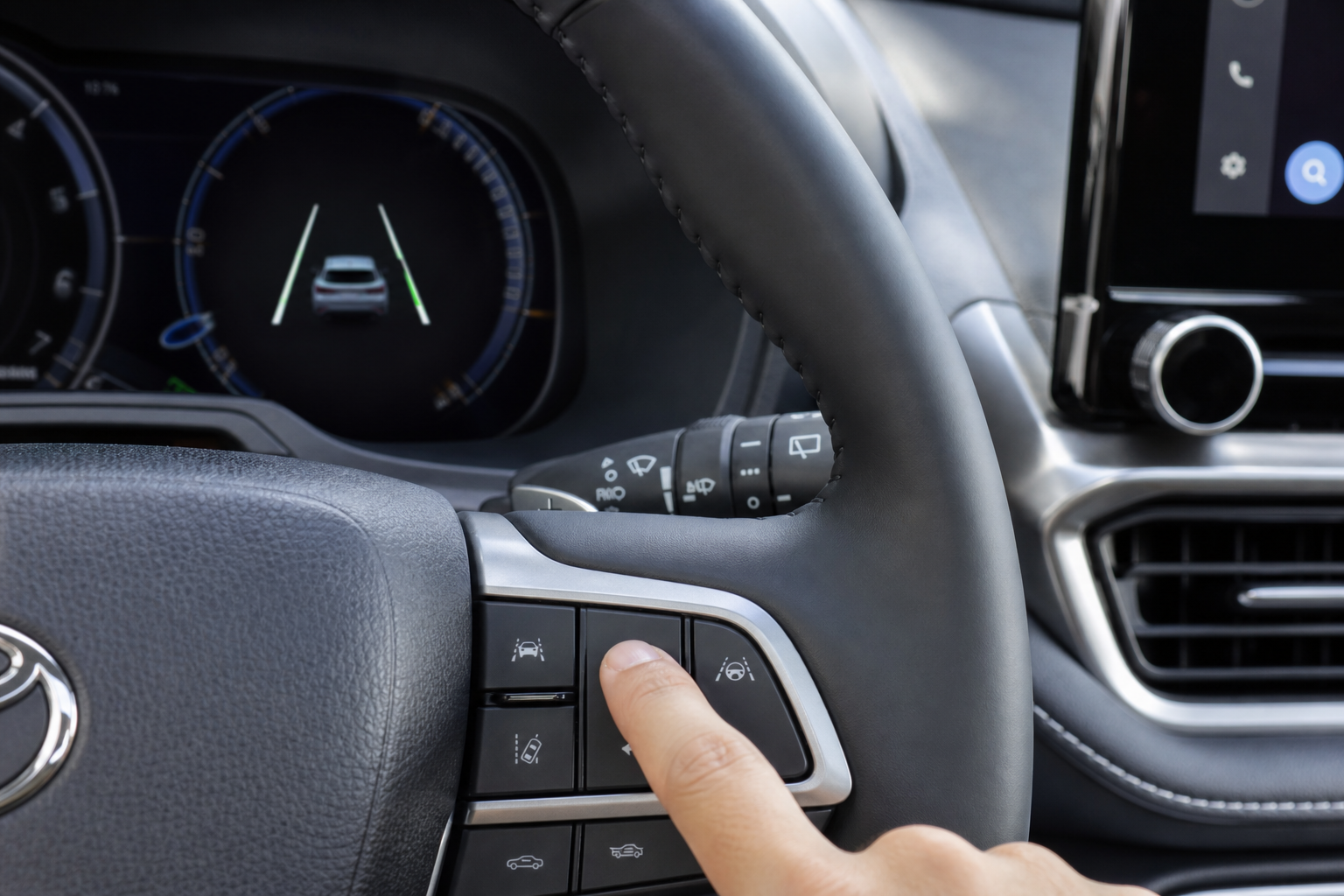 Hand pressing the lane assist button on a Toyota Highlander steering wheel