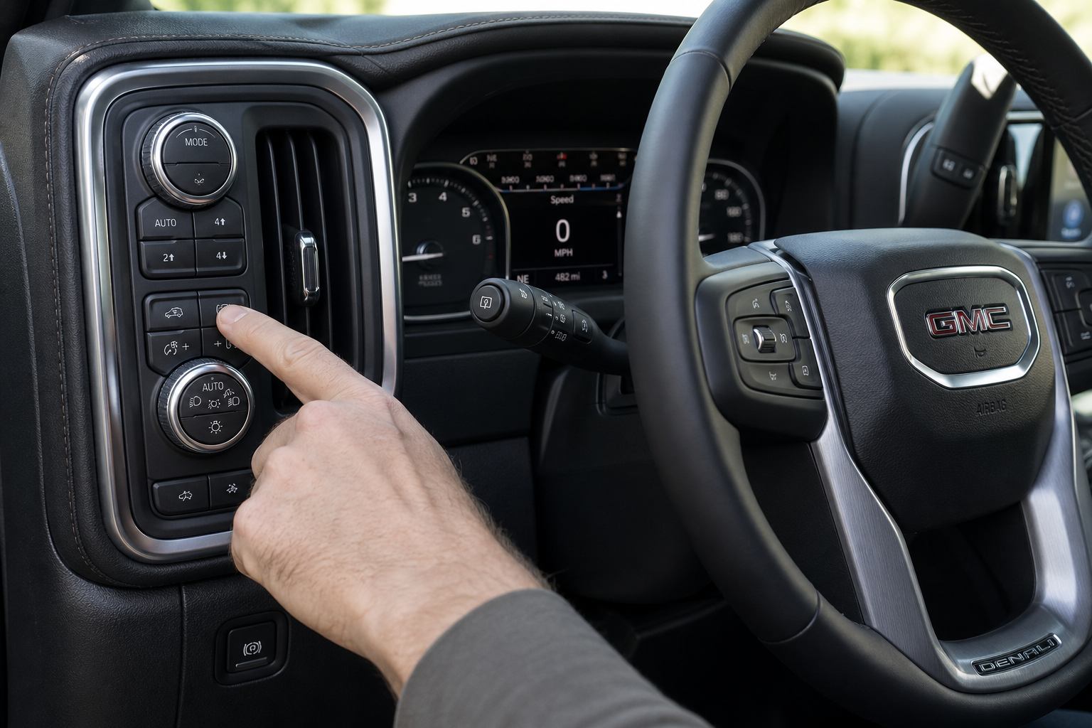 Hand pressing the lane assist button on a GMC Sierra 1500 dashboard