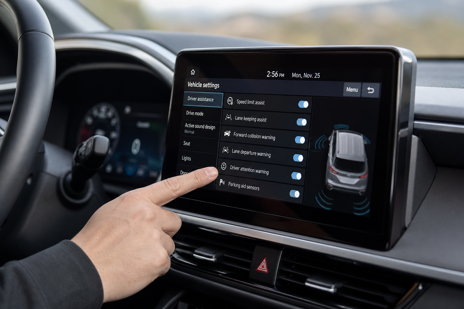 Hand interacting with a car infotainment touchscreen settings menu