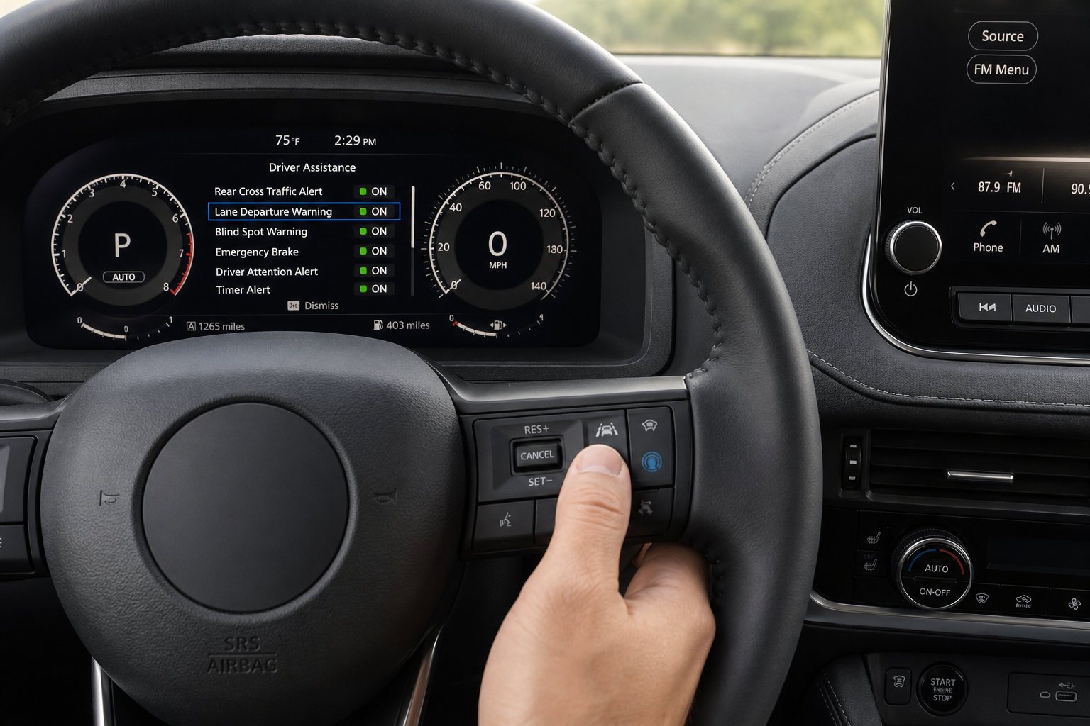 Driver adjusting lane departure warning settings on Nissan Rogue steering wheel controls