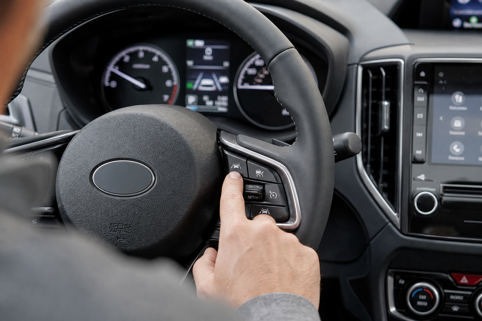 Driver adjusting lane keep assist settings on Subaru Forester steering wheel controls