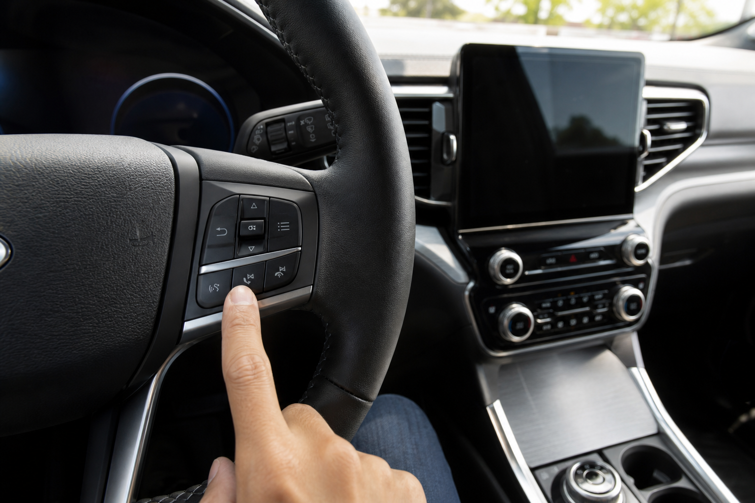 Driver pressing a control button on the steering wheel of a Ford Explorer