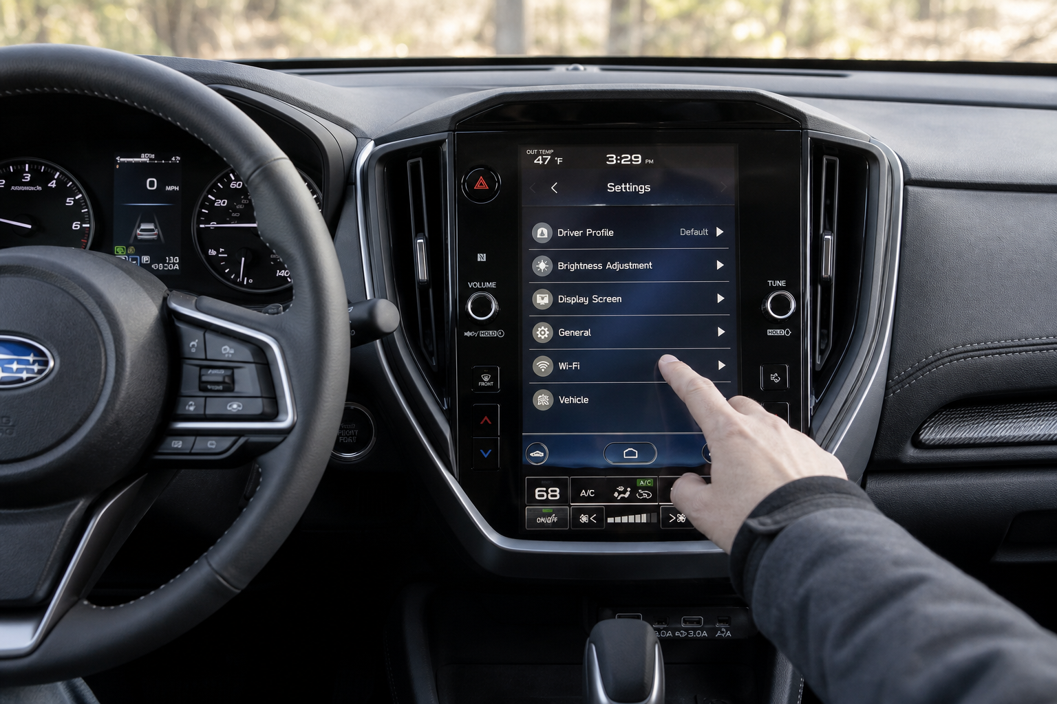 Hand navigating settings menu on Subaru Forester infotainment touchscreen