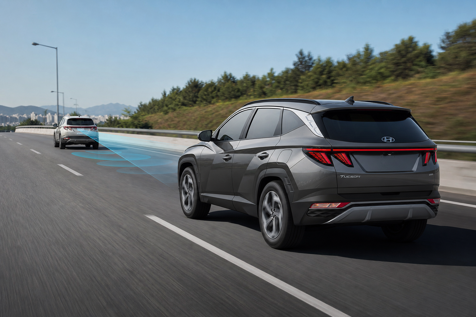 Hyundai Tucson using smart adaptive cruise control on a highway
