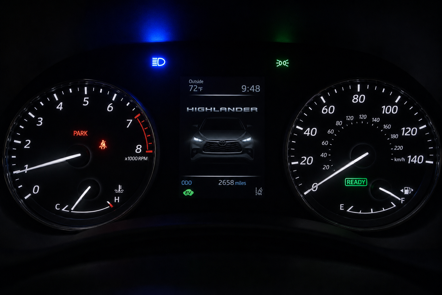Toyota Highlander dashboard showing illuminated high beam indicator light