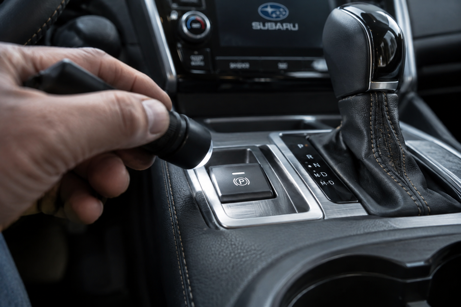 Close-up of a mechanic inspecting the electronic parking brake switch in a Subaru Outback center console