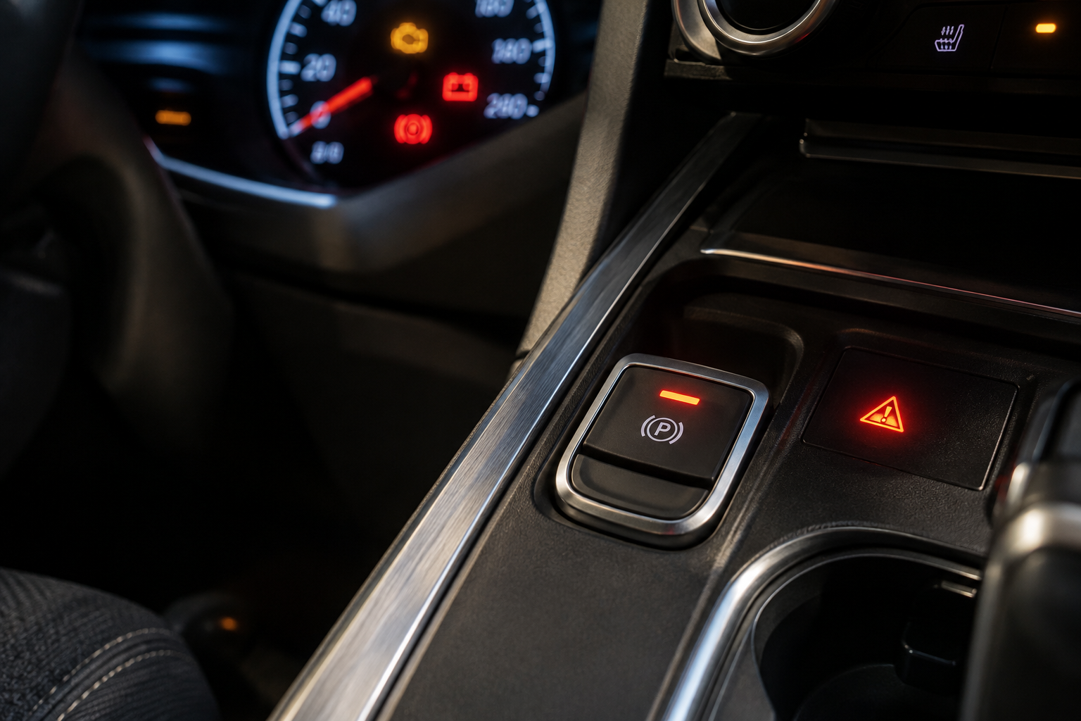 Close-up of electronic parking brake switch and dashboard warning light
