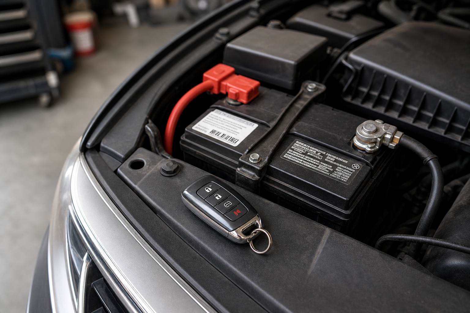 Close-up of a car key fob and 12-volt battery under an open car hood