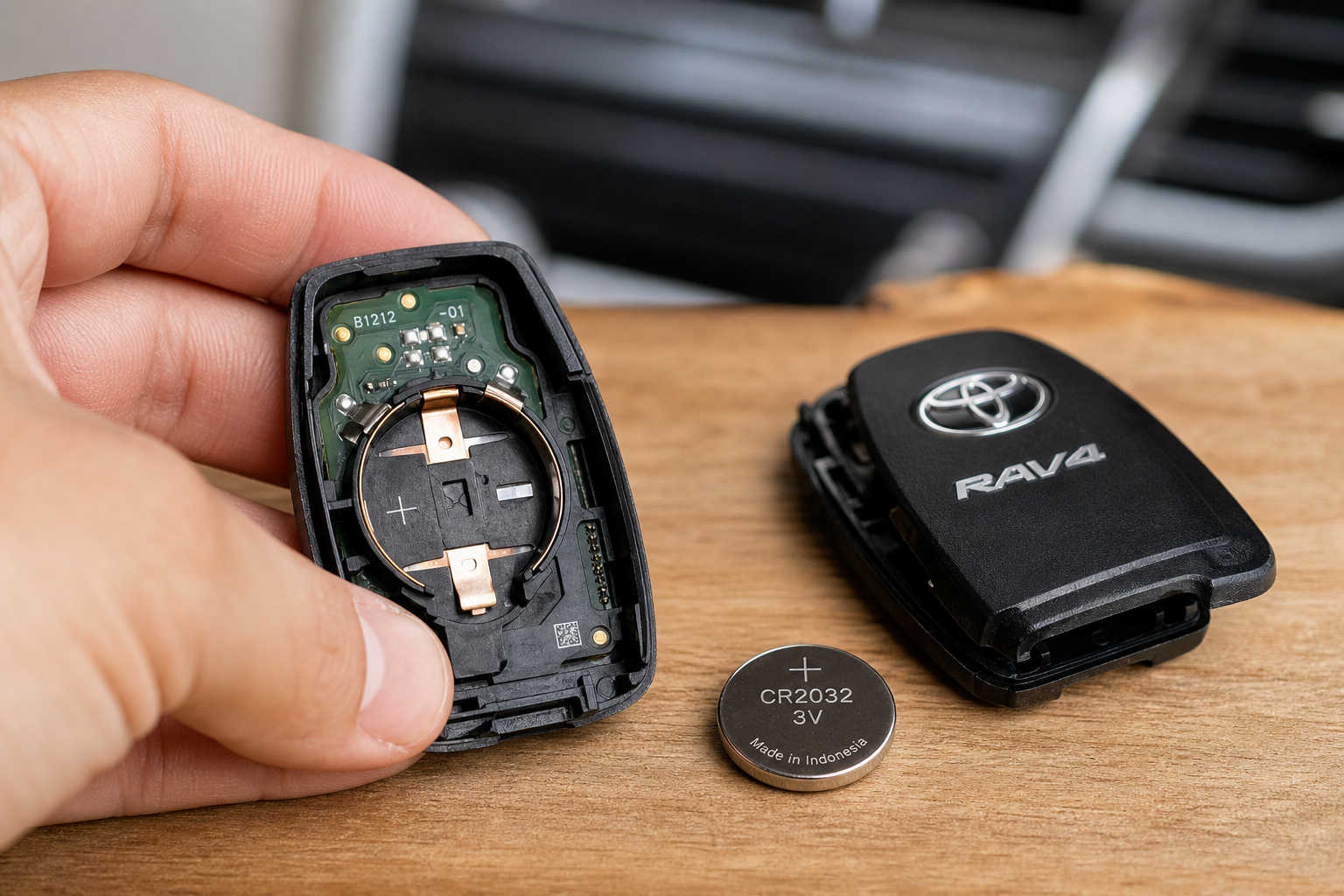 Close-up of a Toyota RAV4 key fob disassembled with its battery removed for inspection