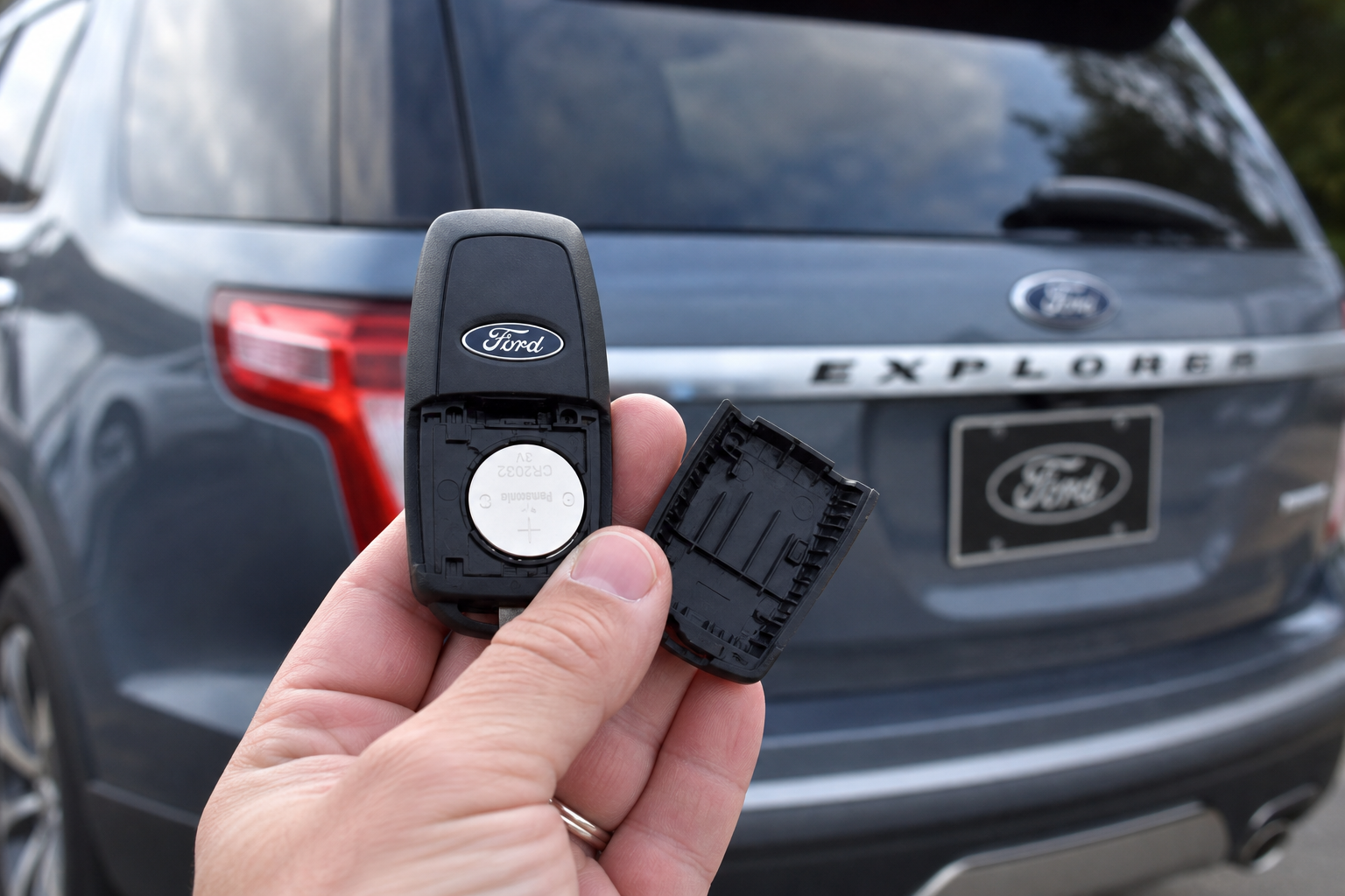 Hand inspecting a Ford key fob battery for remote start troubleshooting