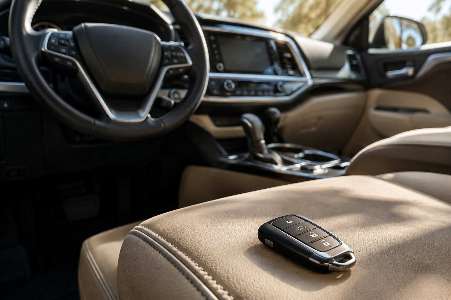 Toyota key fob resting on driver seat representing driver profile association