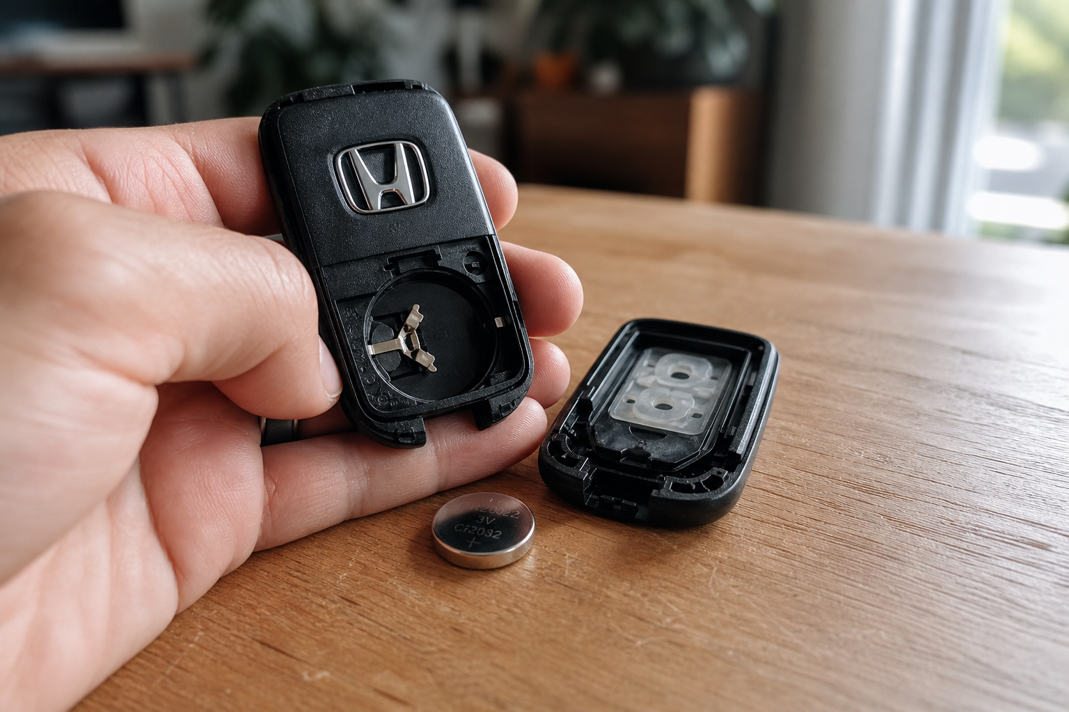 Close-up of a disassembled Honda key fob with its battery removed on a wooden table