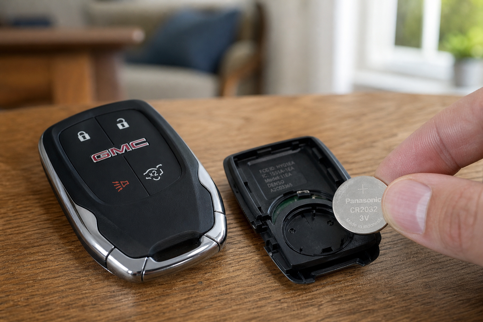 Close-up of a GMC key fob with battery compartment open showing coin cell battery