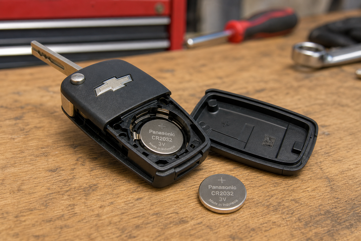 Chevy Silverado key fob open showing internal battery replacement