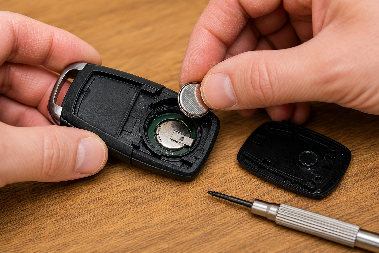 Close-up of hands replacing the battery inside a Ford F-150 key fob