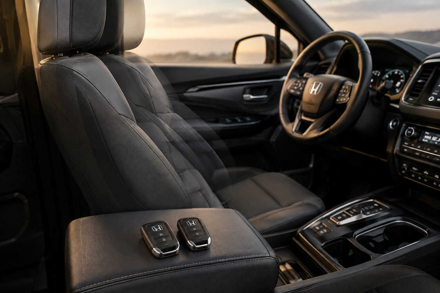 Two key fobs beside a Honda Pilot driver seat illustrating memory profile switching