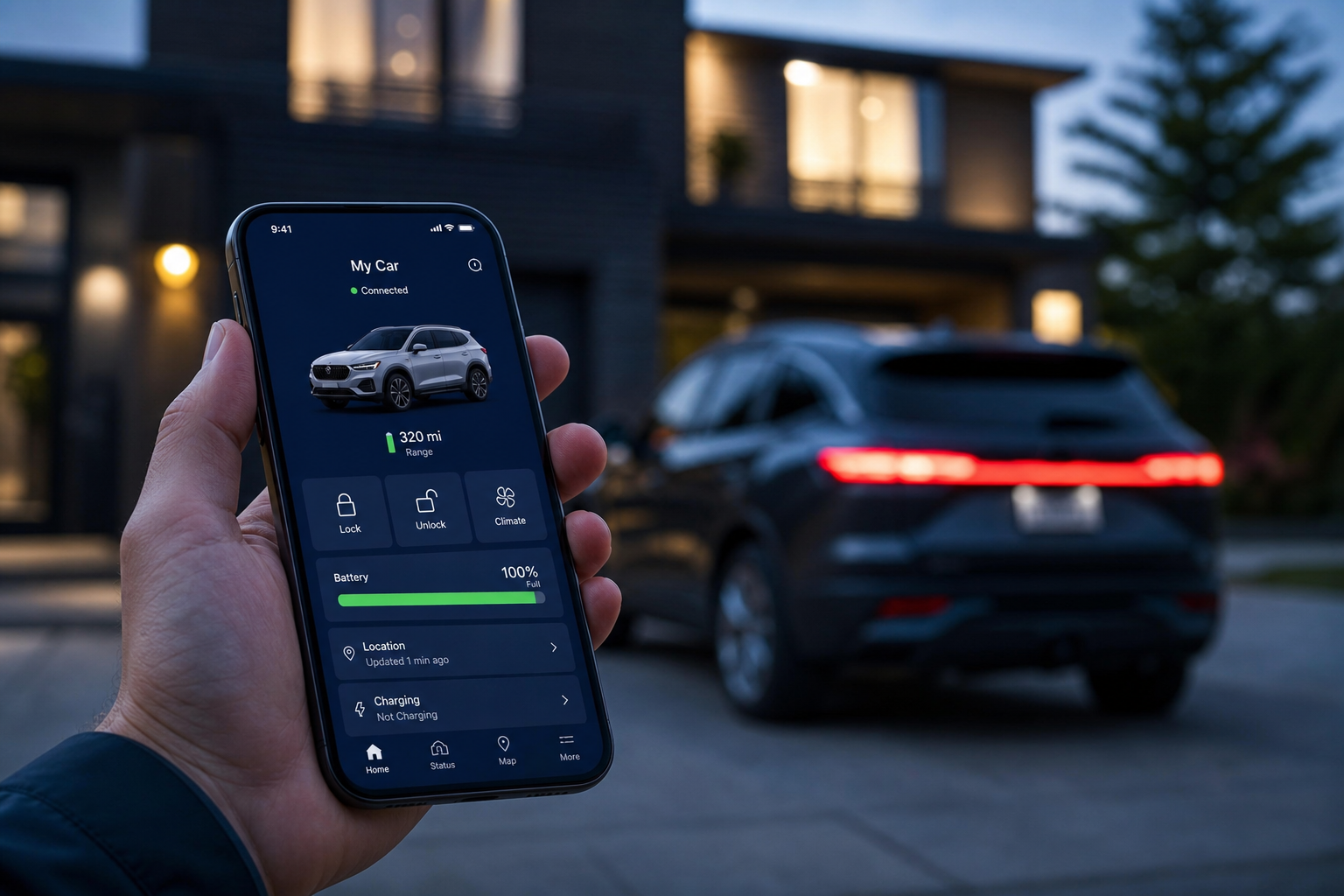 Smartphone displaying a car connectivity app with an SUV parked in the background