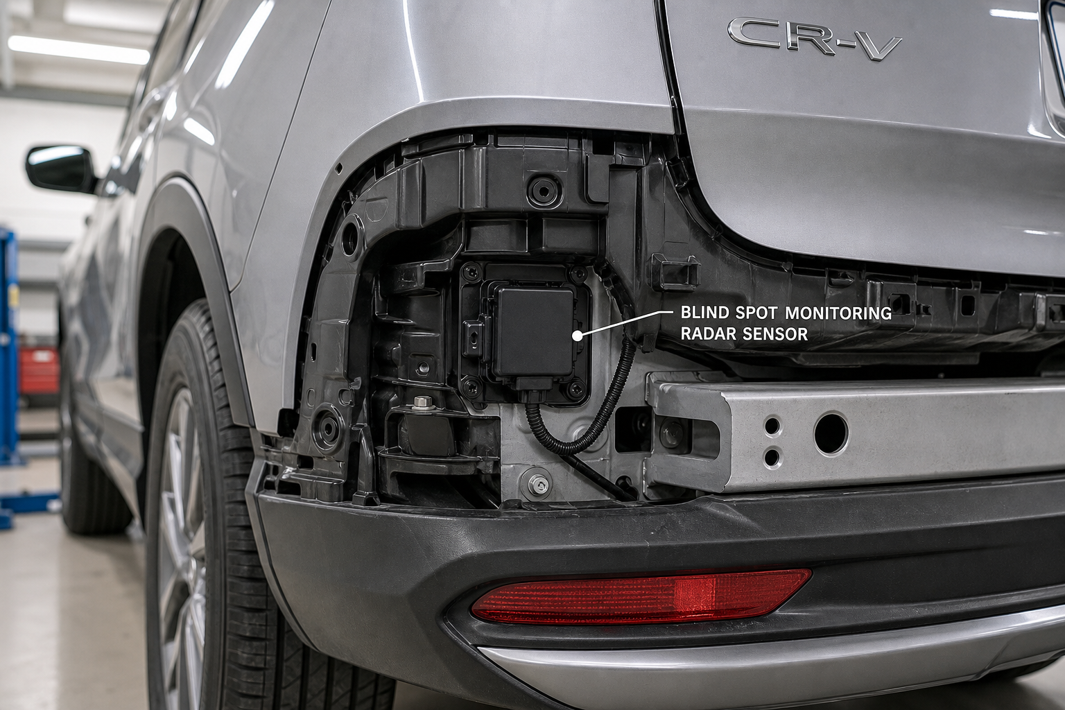 Close-up of a Honda CR-V rear bumper showing the blind spot monitoring radar sensor location