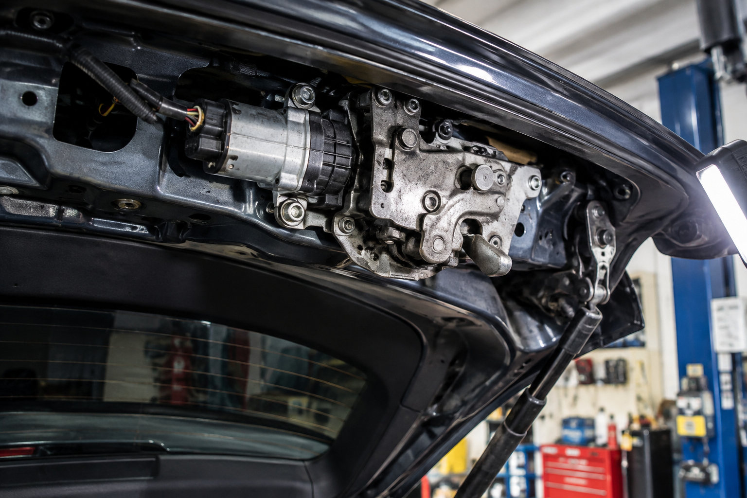 Close-up of Subaru Outback liftgate latch and motor mechanism during inspection