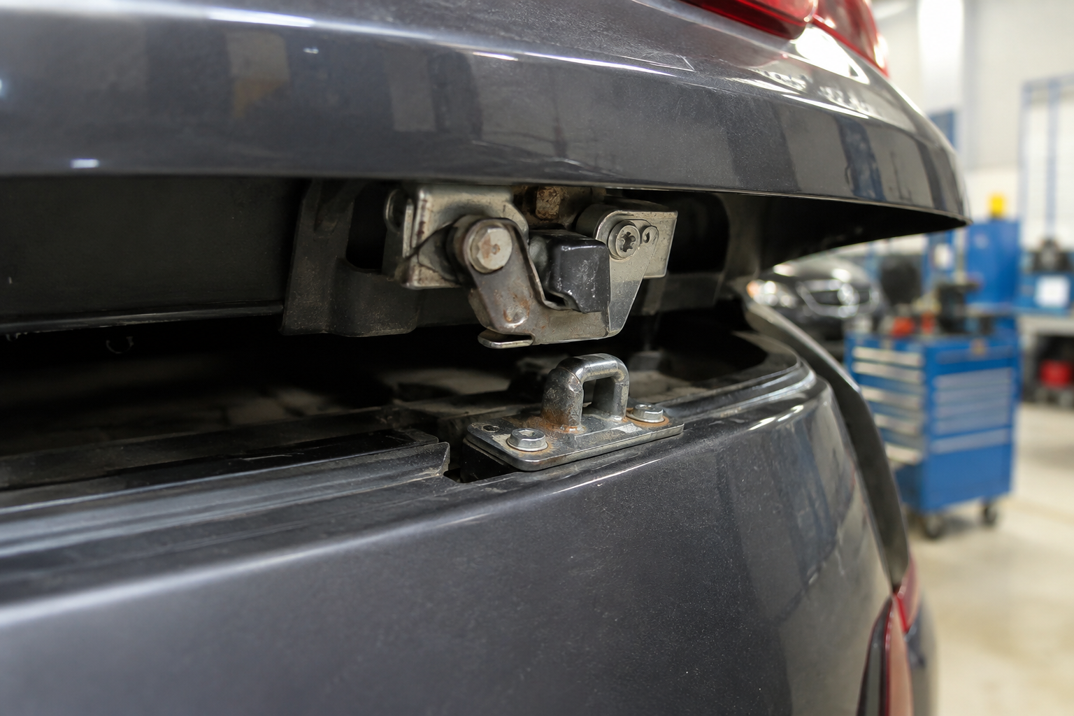 Close-up of a misaligned vehicle liftgate latch and striker mechanism