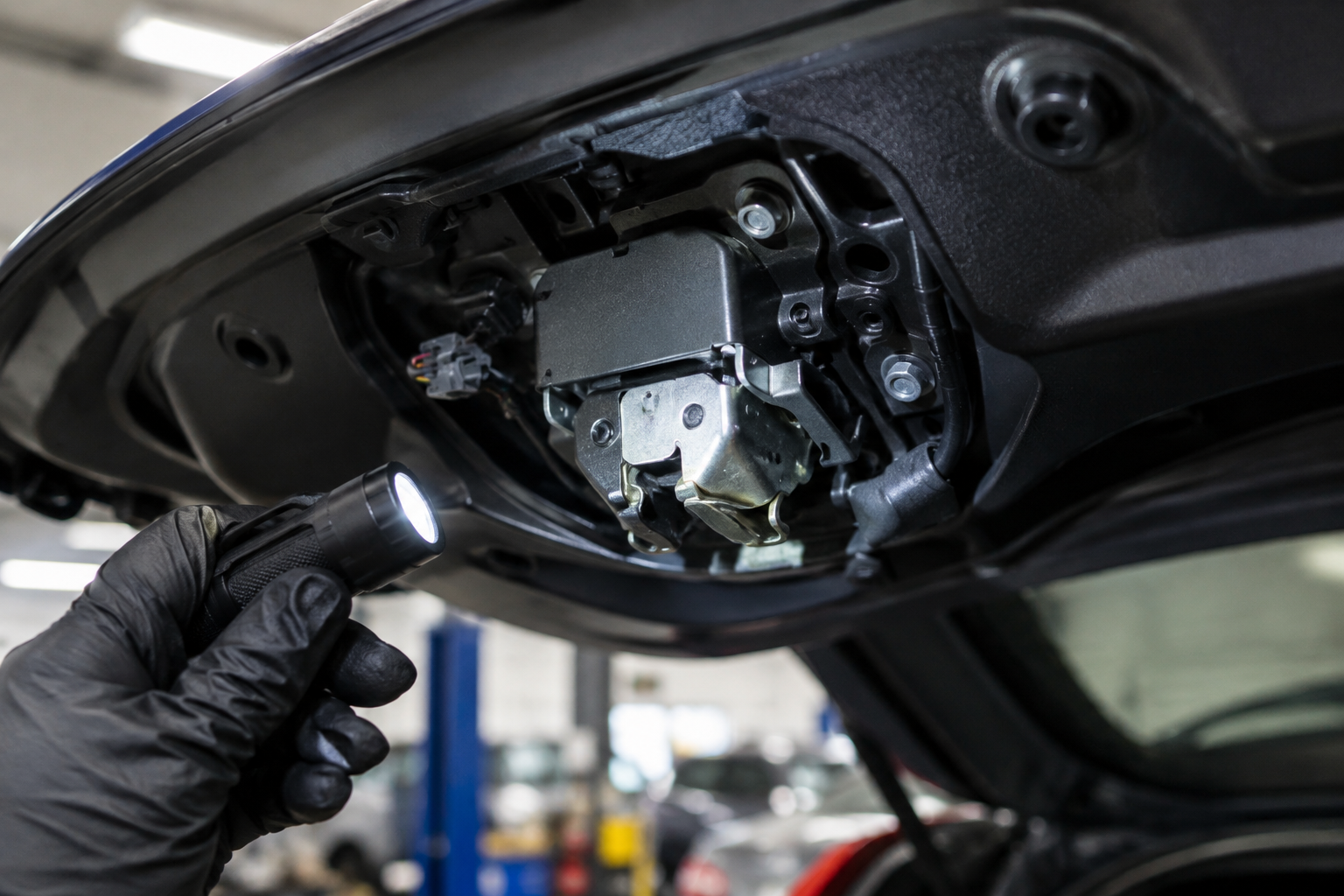 Close-up of a mechanic inspecting the liftgate latch mechanism on a Kia Telluride