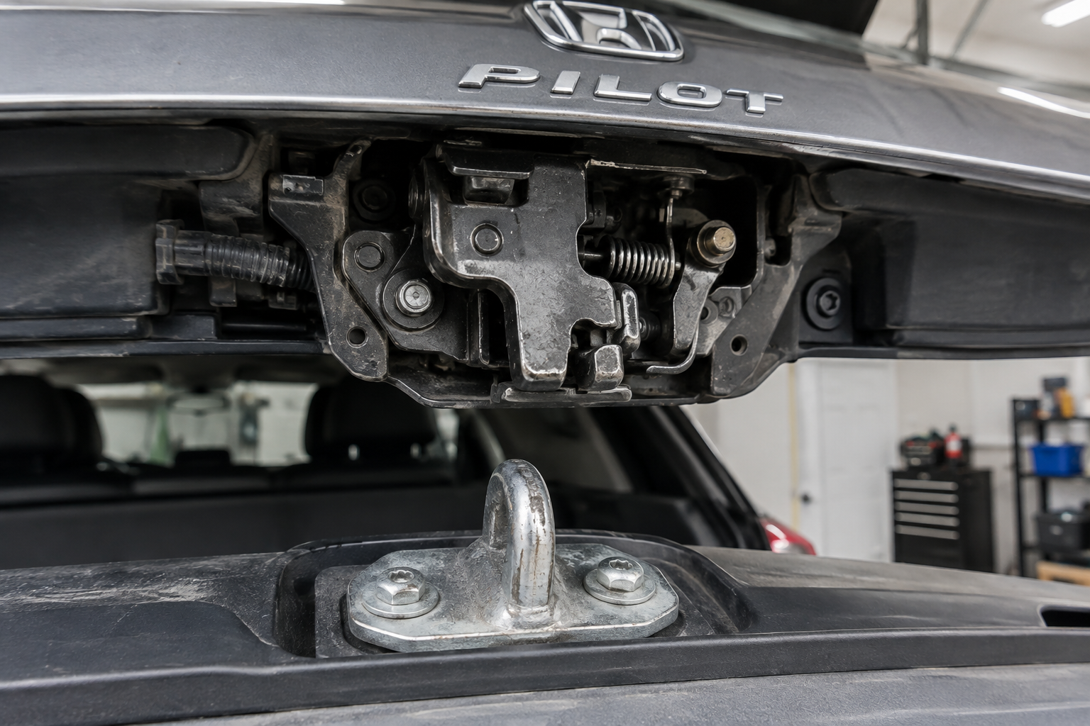 Close-up of a Honda Pilot rear liftgate latch mechanism showing the striker plate and latch assembly