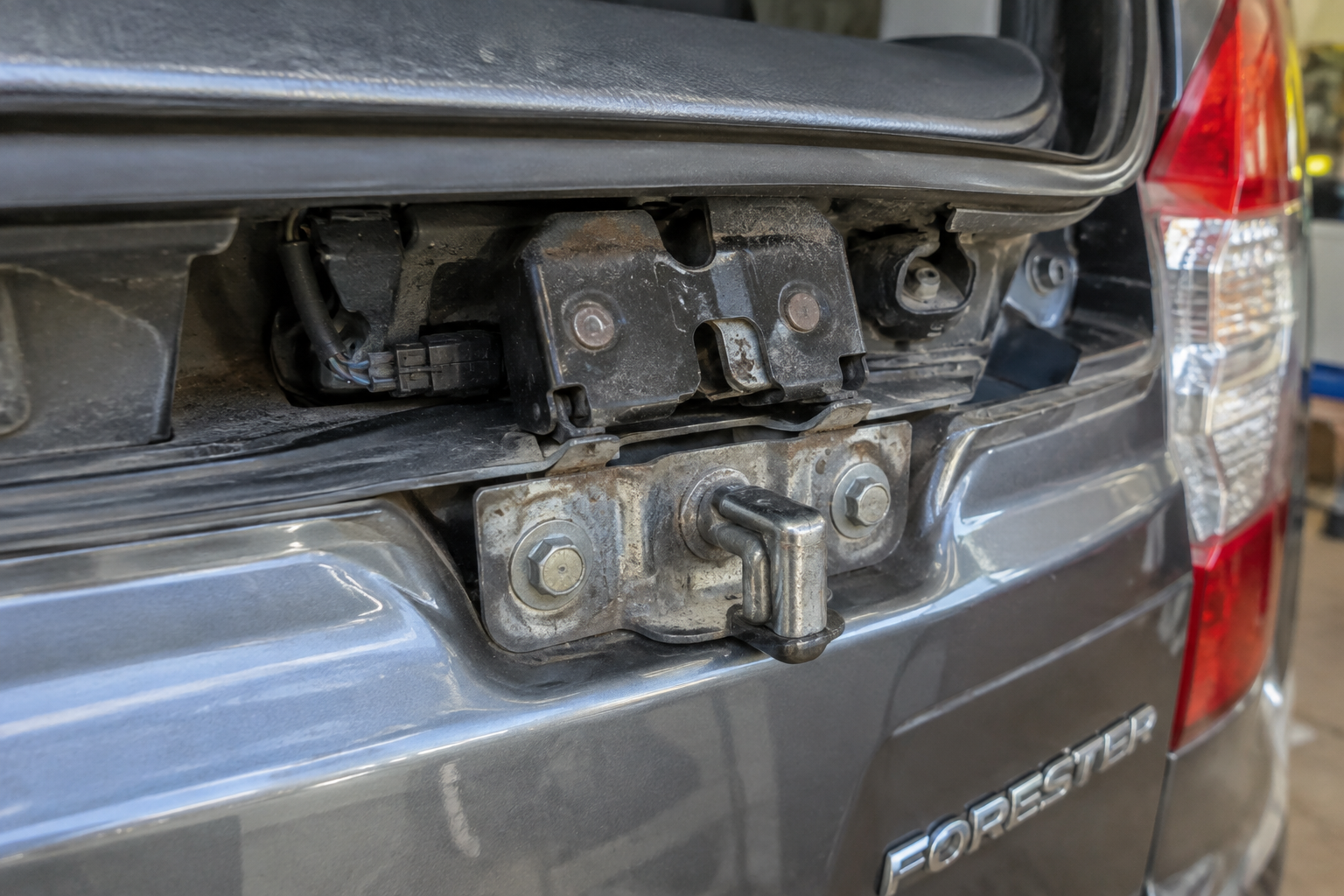 Close-up of Subaru Forester liftgate latch mechanism failing to catch closed