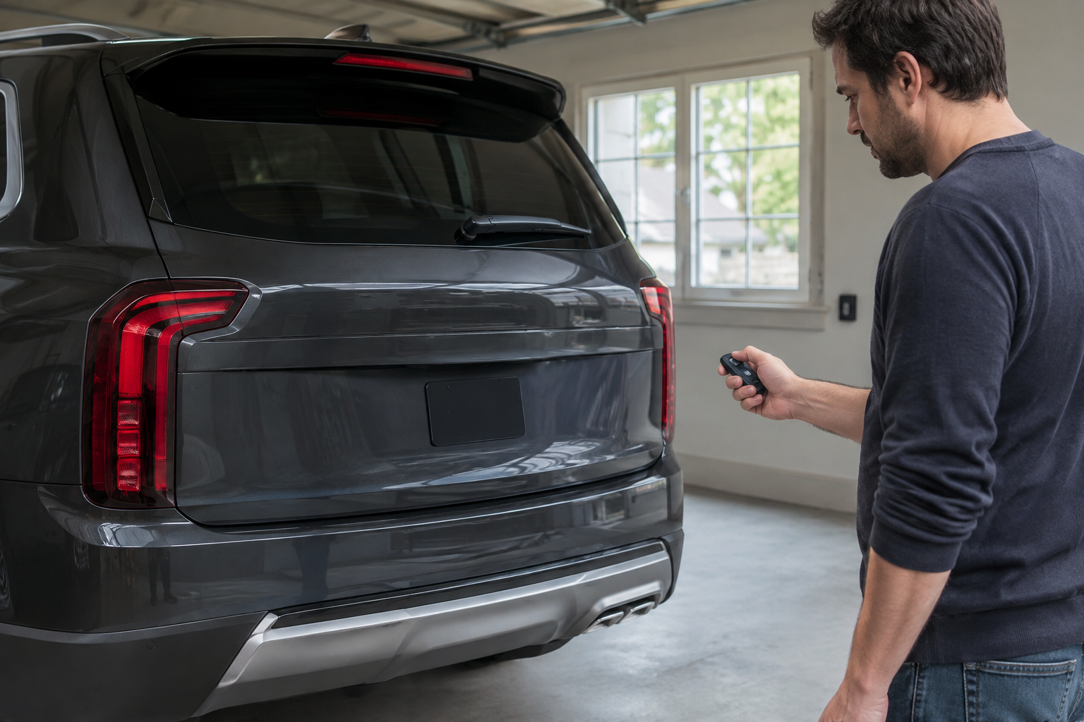 Driver standing behind a Kia Telluride pressing a key fob while the closed liftgate remains unresponsive