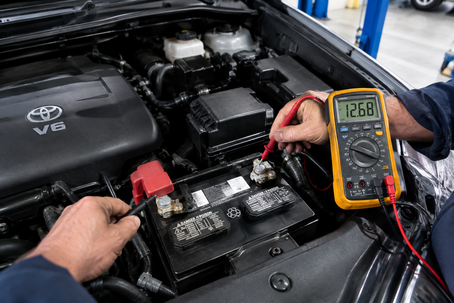 Mechanic testing the 12V battery in a Toyota Highlander engine bay