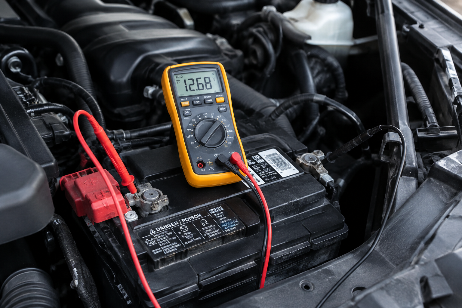 Multimeter testing the 12V battery voltage in a Chevy Tahoe