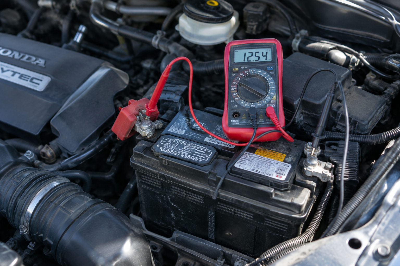 Multimeter testing the 12V battery voltage in a Honda Pilot engine bay