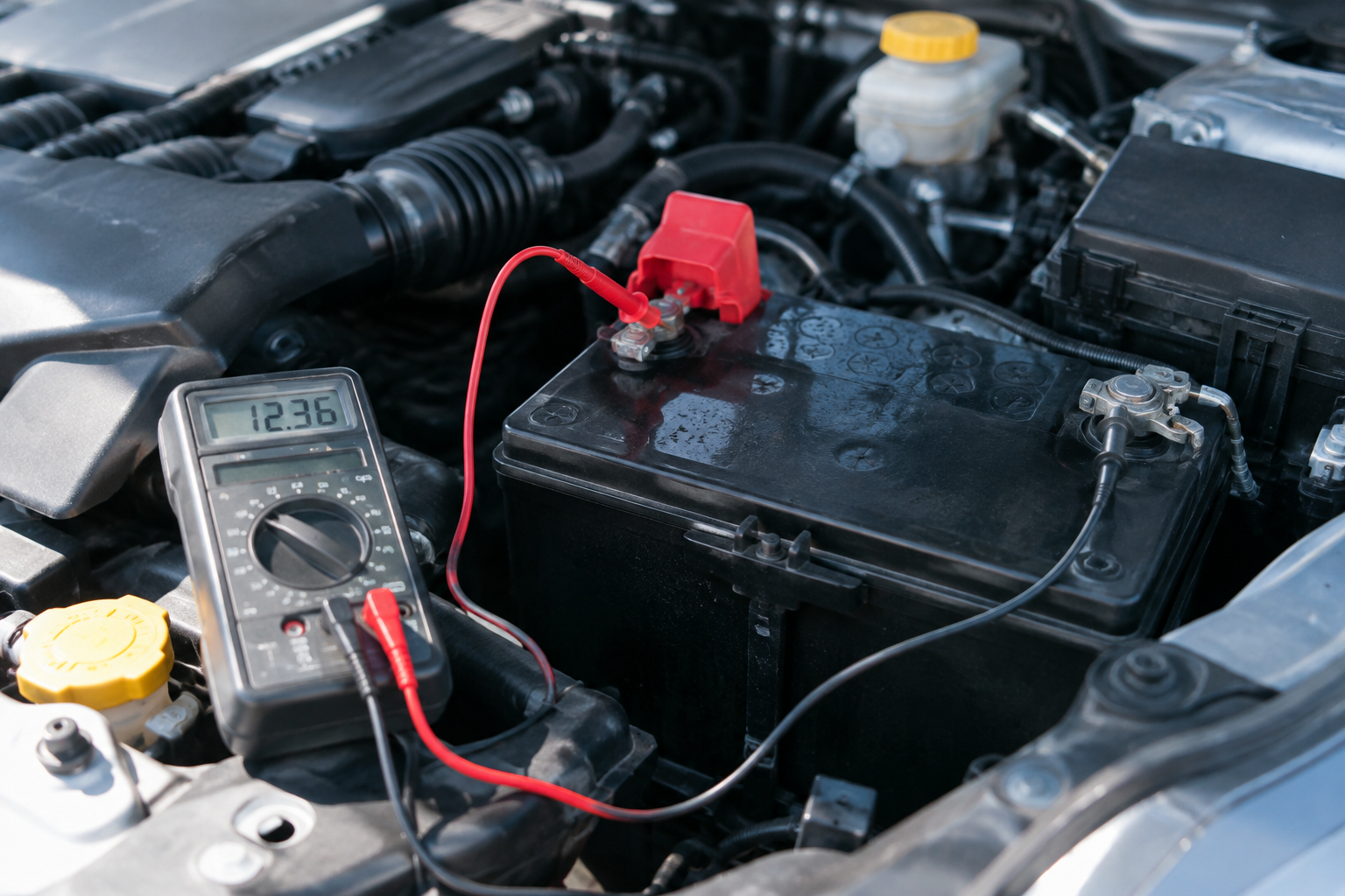 Multimeter testing low 12V battery voltage in a Subaru Outback engine bay