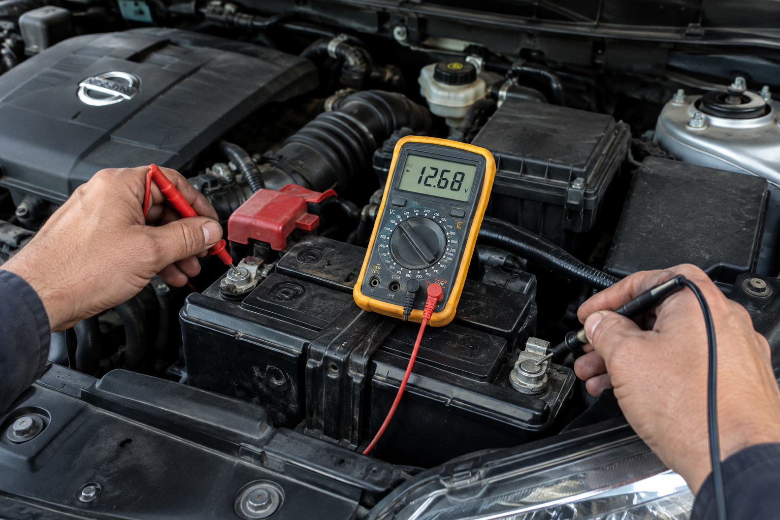 Mechanic testing 12V battery voltage under the hood of a Nissan Rogue