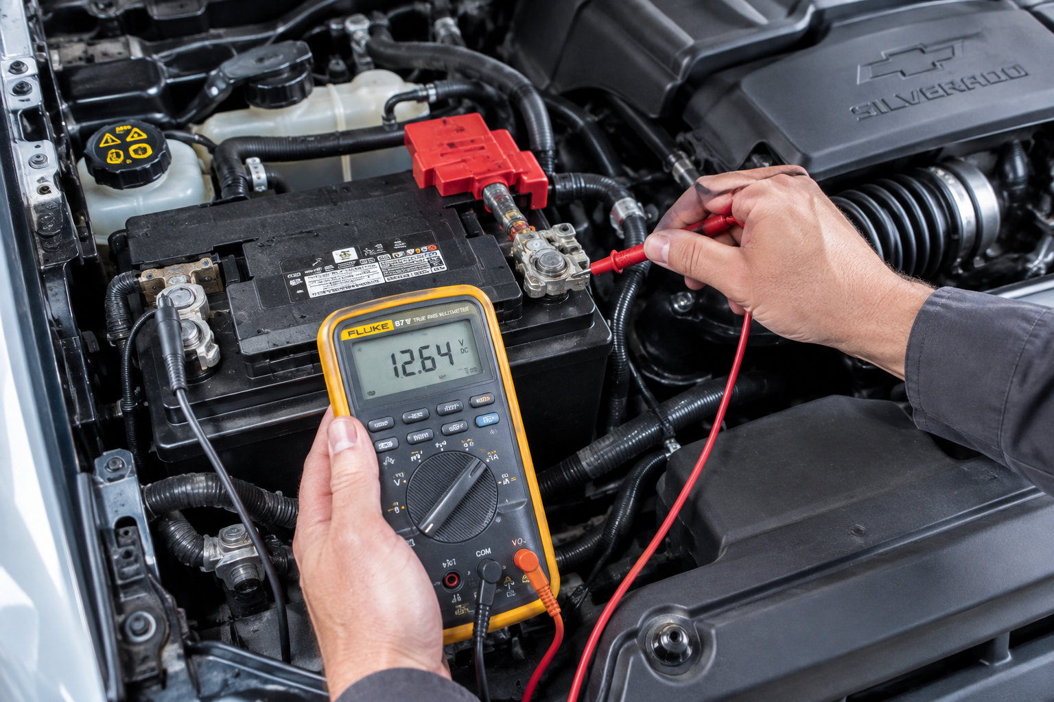 Mechanic testing 12V battery voltage in a Chevy Silverado engine bay