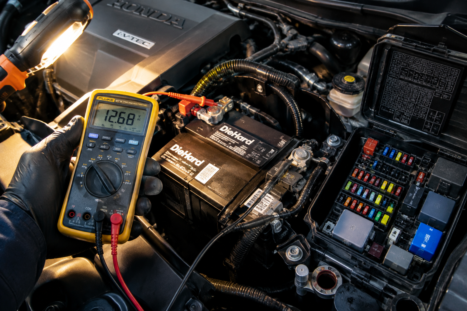 Mechanic using a multimeter to check battery voltage near a Honda Pilot's fuse box