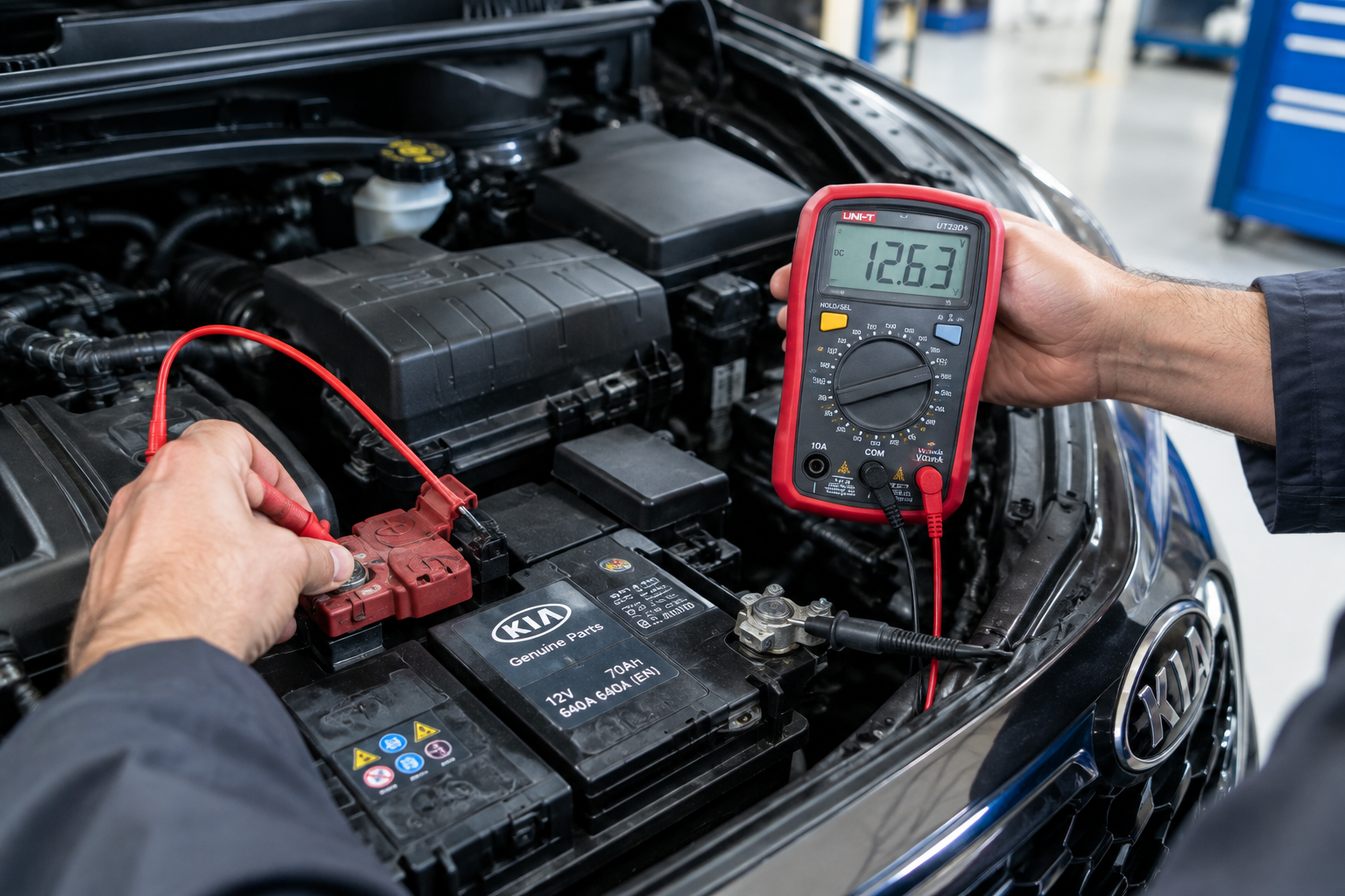 Mechanic testing car battery voltage with a multimeter under the hood