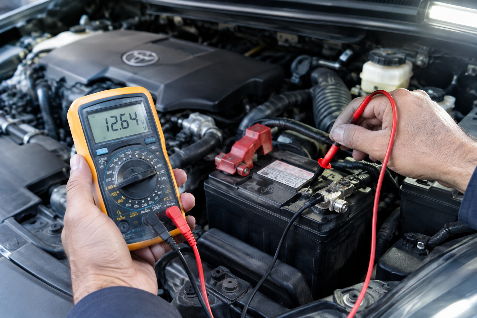 Mechanic using a multimeter to test car battery voltage on a Toyota RAV4