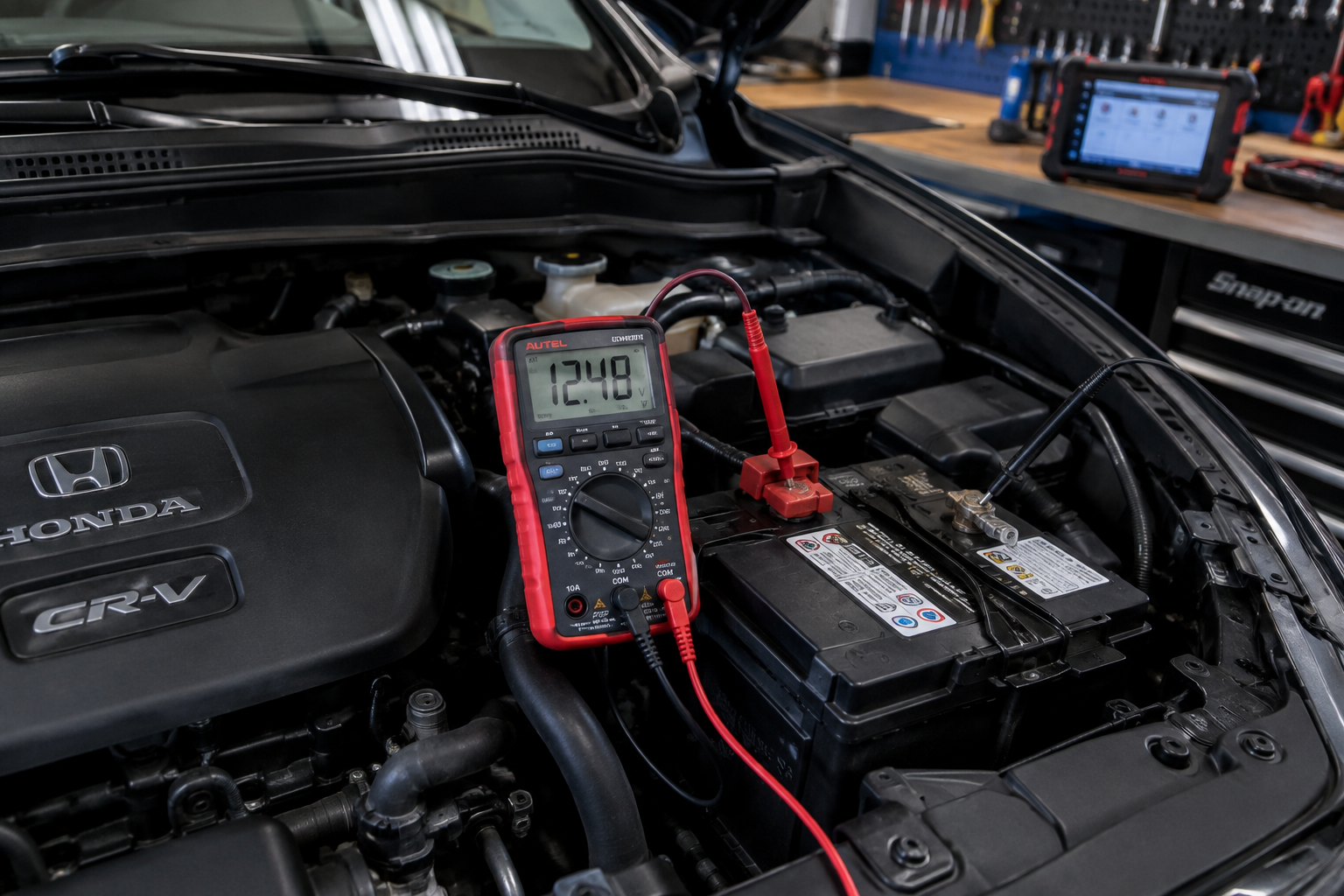 Multimeter testing battery voltage related to Honda CR-V parking brake switch fault
