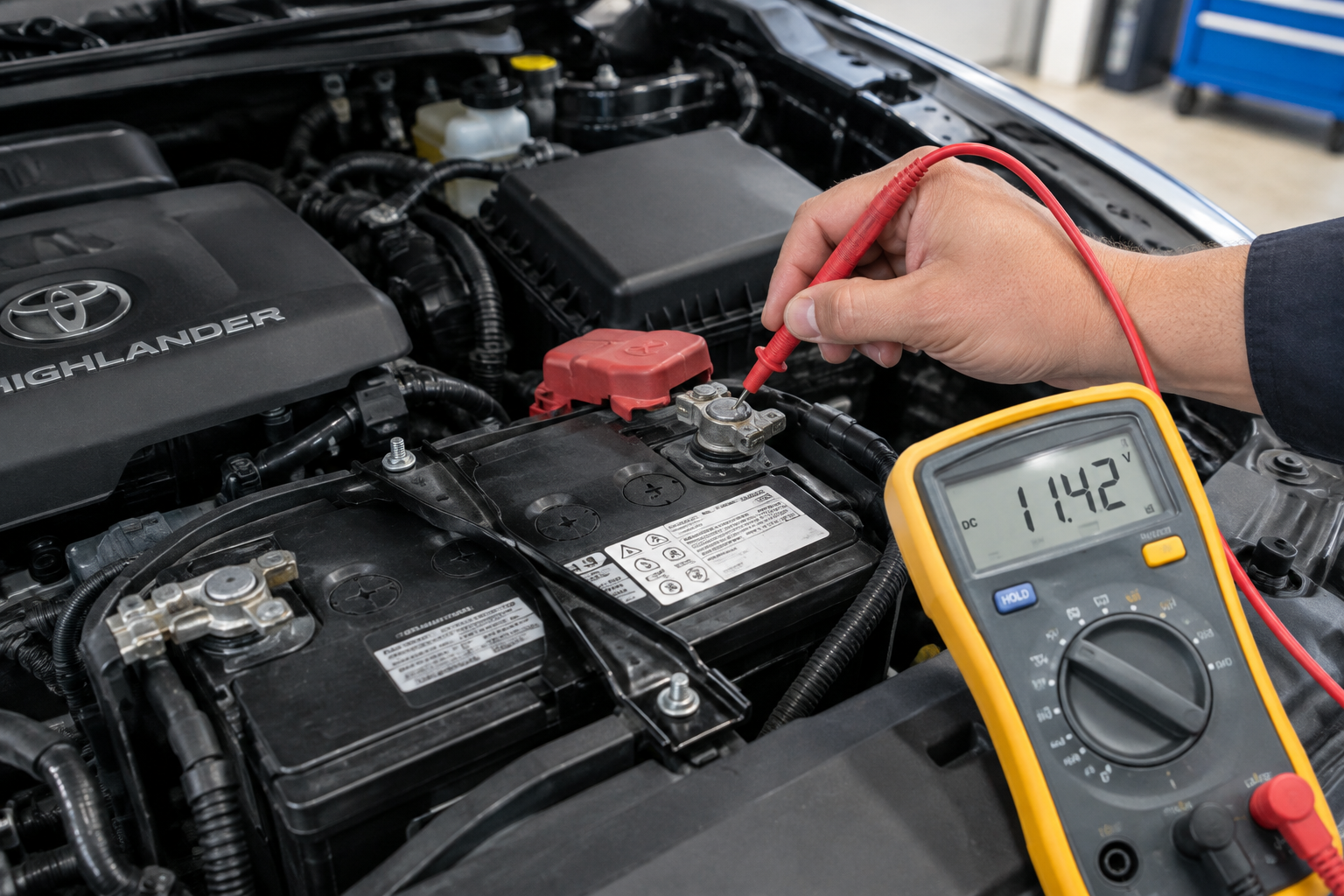 Technician testing car battery voltage with a multimeter under the hood