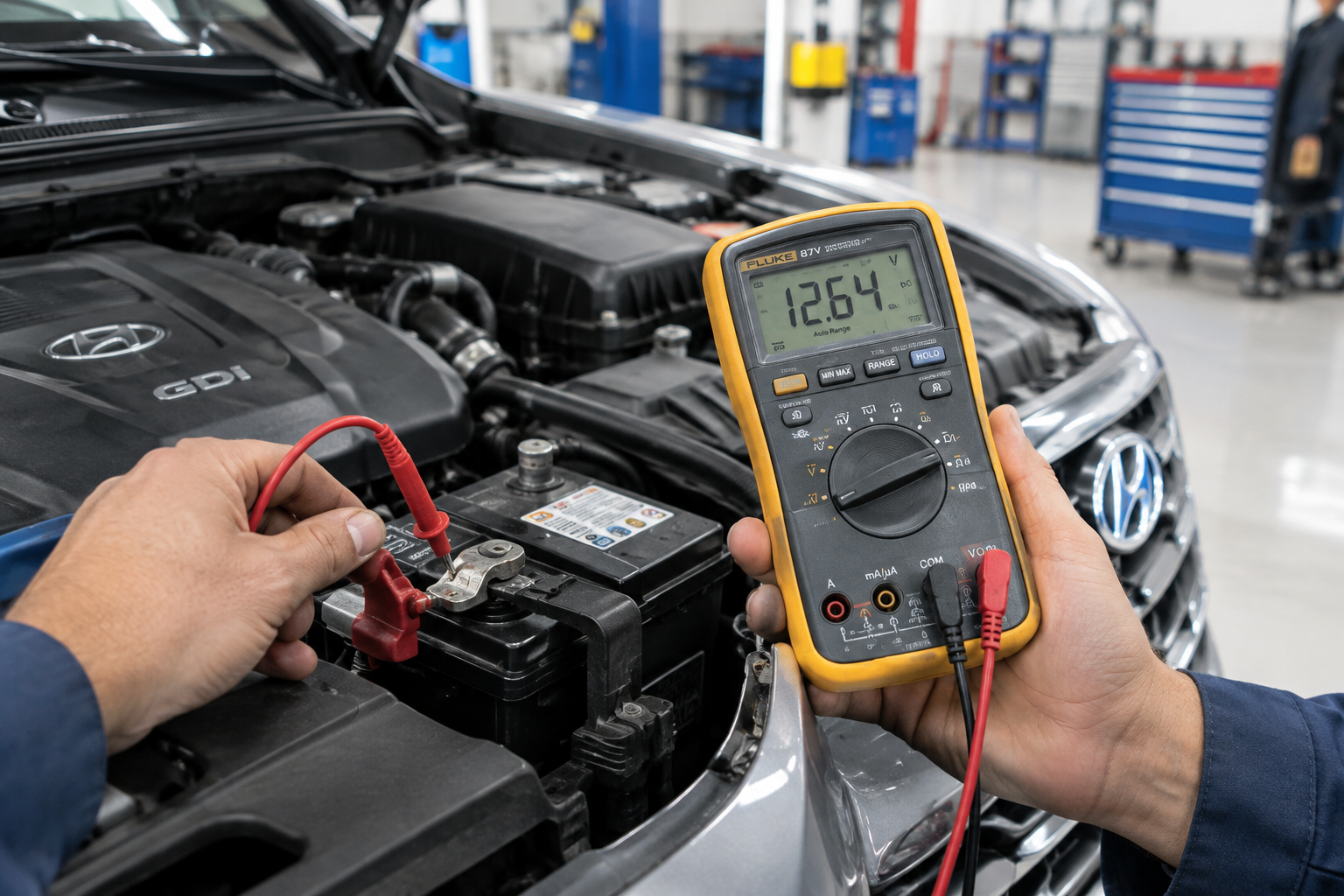 Mechanic testing car battery voltage with a multimeter to diagnose electronic parking brake issue