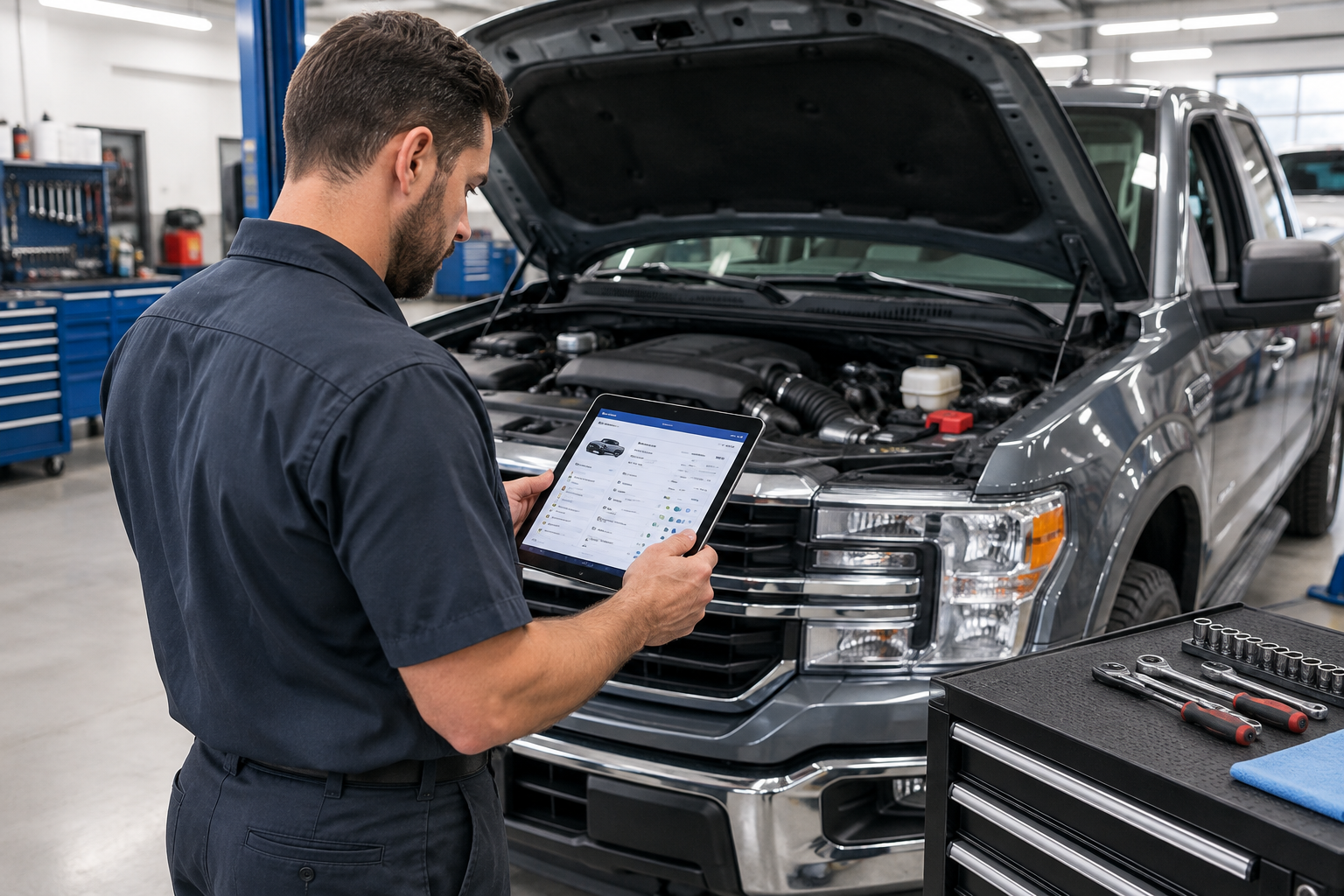 Mechanic reviewing truck maintenance records on a tablet in a repair shop