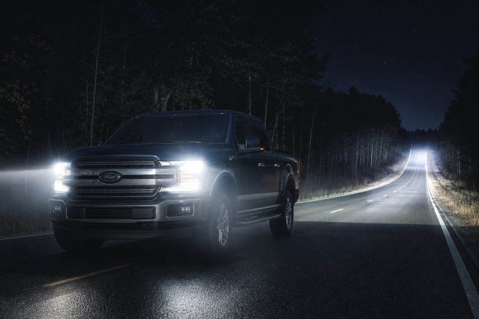 Ford F-150 driving at night with manual high beams activated on a dark road