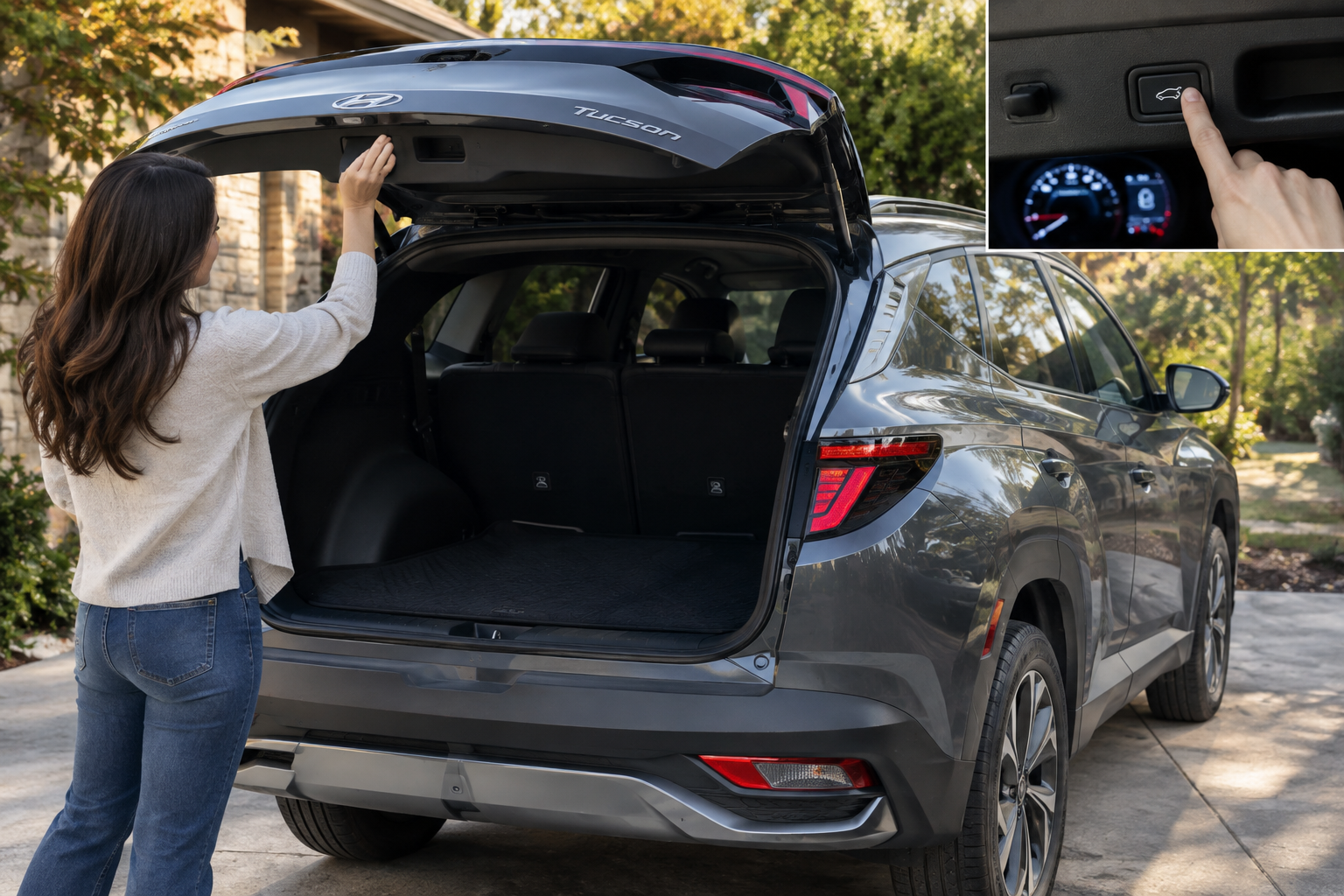 Person manually operating and resetting the power liftgate on a Hyundai Tucson
