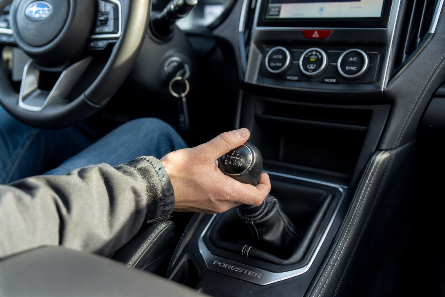 Manual transmission gear shifter inside a Subaru Forester interior