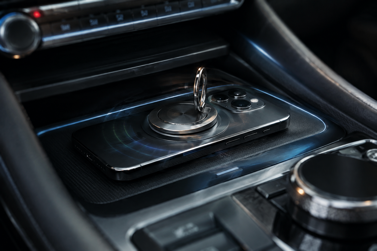 Phone with metal ring holder on wireless charging pad showing potential interference