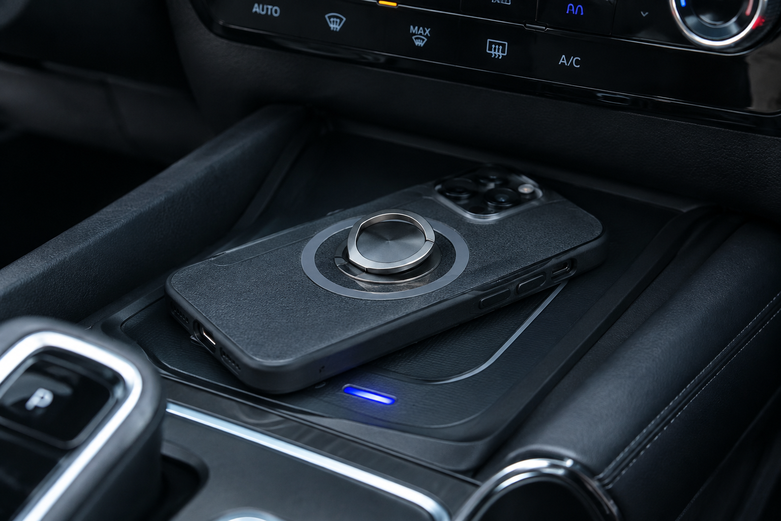 Smartphone with magnetic case and metal accessory on a car wireless charging pad